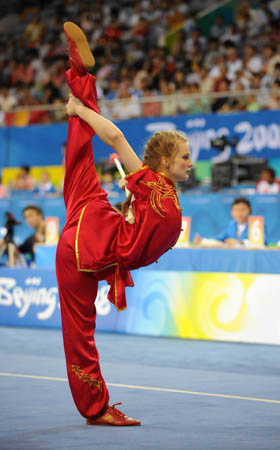Evgeniya Ragulina of Kazakhstan performs during women's Qiangshu (spear play) of the Beijing 2008 Wushu Competition in Beijing, China, Aug. 21, 2008. Evgeniya Ragulina ranked 5th in women's Qiangshu competition with a score of 9.44. (Xinhua/Chen Yehua)