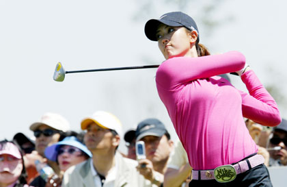 American golfer Michelle Wie looks at her driver shot on the 5th hole of the SK Telecom Open 2006 golf tournament at the Sky 72 Golf Club in Inchon, west of Seoul, May 7, 2006. 