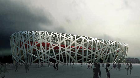 This computer-generated image released by the Beijing Organizing Committee for the Games of XXIX Olympiad shows the National Stadium, also known as the Bird's Nest, for the 2008 Beijing Olympic Games. The Chinese capital is gearing up to celebrate the one-year countdown to the opening ceremony of the 2008 Olympic Games on August 8.