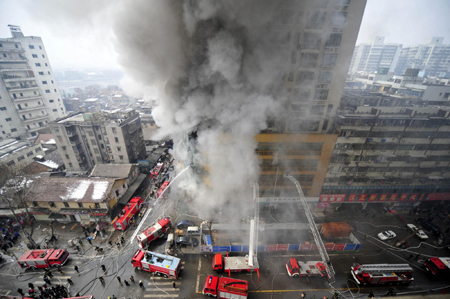Building caught fire in Wuhan