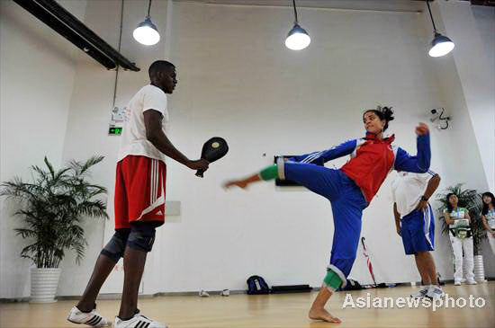 Universiade athletes in pregame warm-up