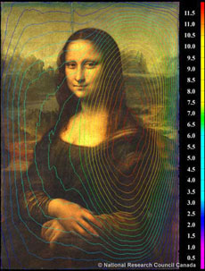 A color-coded elevation contour map of the Mona Lisa is seen in this undated handout image. The Mona Lisa, Leonardo da Vinci's 16th century masterpiece, is in fragile condition but should not suffer too much damage if taken care of properly, experts who studied the painting closely said on Tuesday. 