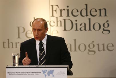 Russia's President Vladimir Putin makes a point during his speech at the Bayerischer Hof hotel during the 43rd Conference on Security Policy in Munich, February 10, 2007. 
