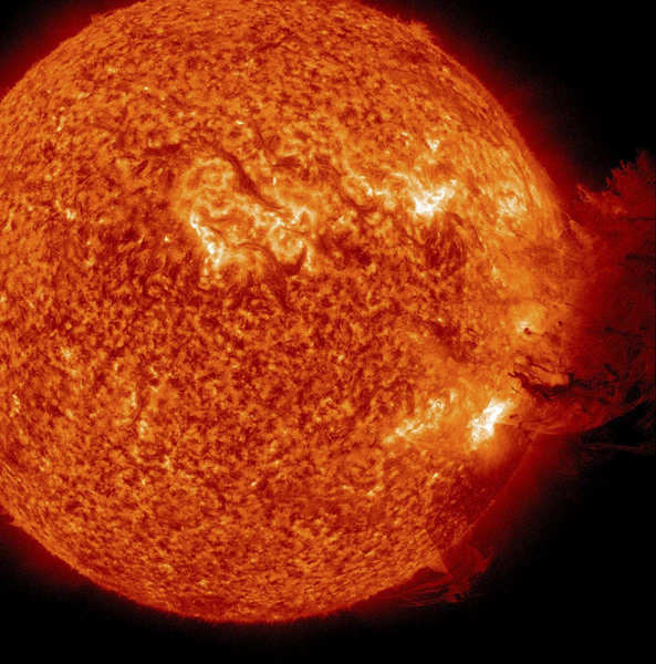 A handout picture shows Coronal Mass Ejection as viewed by the Solar Dynamics Observatory on June 7, 2011. Solar flare erupts, creating spectacular images